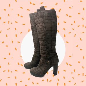 Fendi Brown Suede Croc Textured Knee High Boots